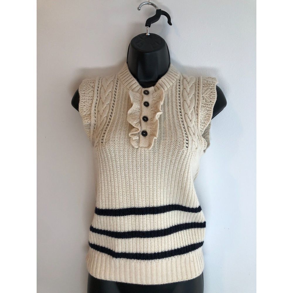 Authentic DSquared2 Ruffle Trim Sleeveless Sweater, Cream w/Navy Stripes, Sz S